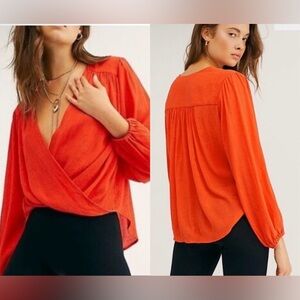 Free people Vibrant orange/red v neck Wrap Blouse-size M
